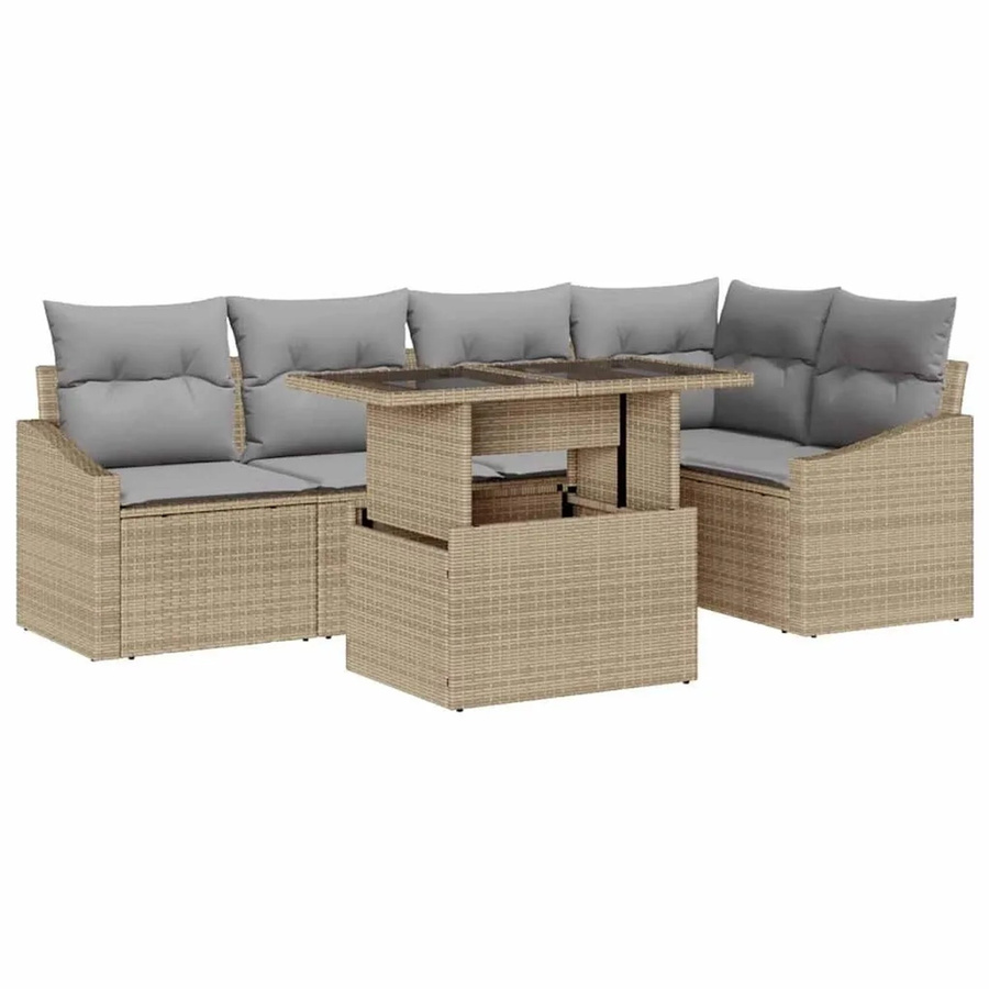 vidaXL Garten-Sofa-Set 6-teilig in L-Form mit Kissen und Couchtisch, Beige und Hellgrau - Bild 2