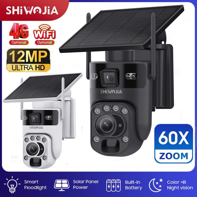 SHIWOJIA 6K 12MP Solar-Überwachungskamera mit 4G SIM und WIFI, PTZ IP-Kamera mit 60X Zoom, 360 Grad Sicht, PIR Bewegungserkennung und Human Tracking, Farbe: Schwarz - Bild 1