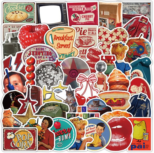 52 Stück wasserfeste Aufkleber im amerikanischen Retro-Stil in Gold und Multicolour von Golden Memory Stickers Store für Handyhüllen, Notizbücher und DIY-Bastelarbeiten - Bild 1