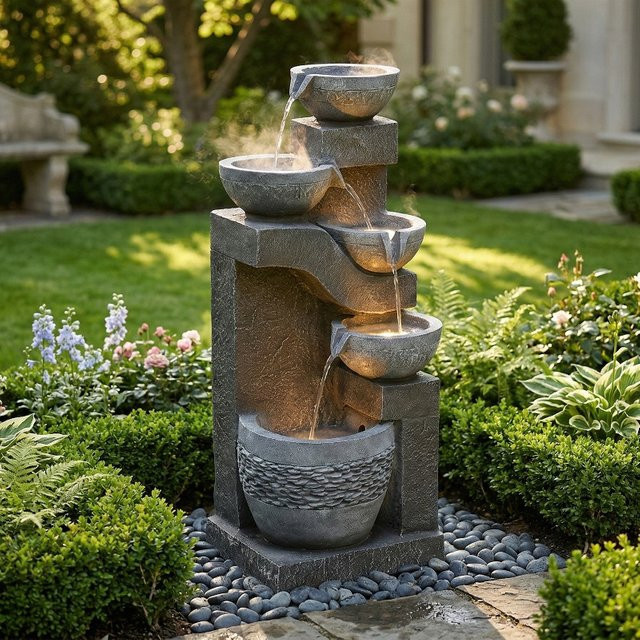 LOCAL Gartenbrunnen mit LED-Beleuchtung und Wasserpumpe aus Kunststein in Armeegrün - Bild 1