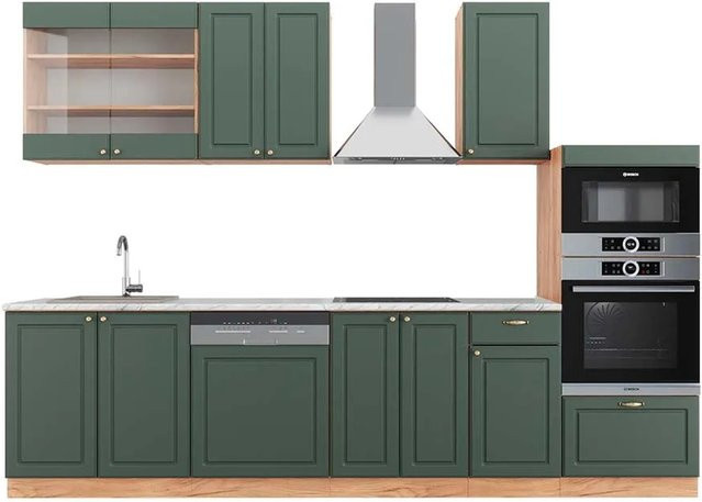 Vicco Fame-Line Küchenzeile Landhausstil in Grün-Gold mit Eiche-Optik und Hochschrank, Breite: 300 cm - Bild 1