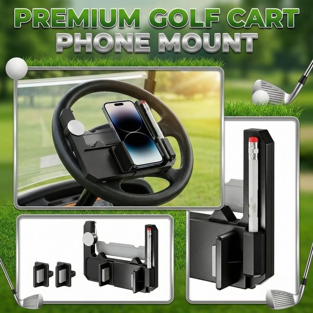 Golf Cart Lenkrad Handyhalterung mit Scorekartenfach und Einhand-Schnellklemme in Weiß - Bild 1