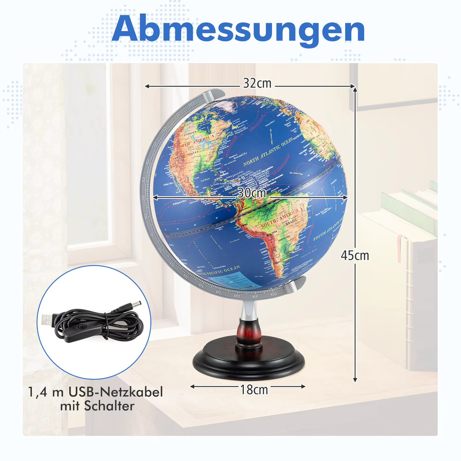 GOFLAME Beleuchteter Weltglobus in Antik-Optik mit Holzständer und warmweißem Licht, 30,48 cm Durchmesser - Bild 5