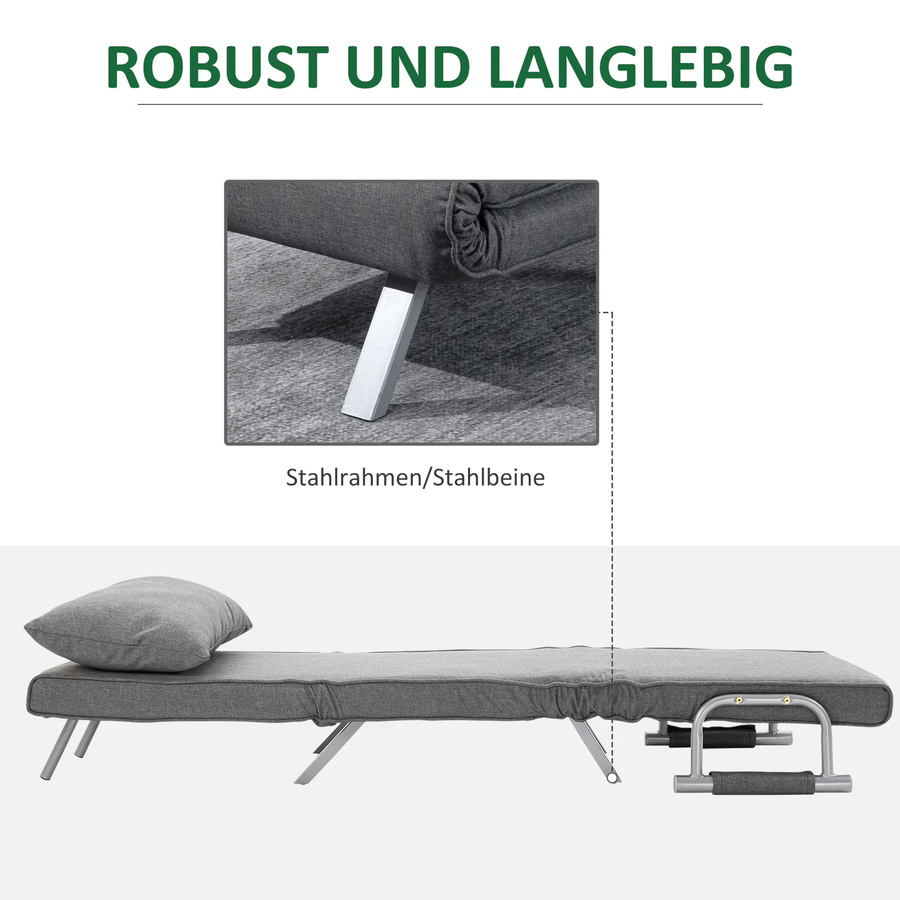 HOMCOM 3 in 1 Schlafsessel in Leinenoptik, klappbares Schlafsofa mit verstellbarer Rückenlehne und Kissen als Gästebett, Grau, B/T/H: 65 x 69 x 80 cm - Bild 5
