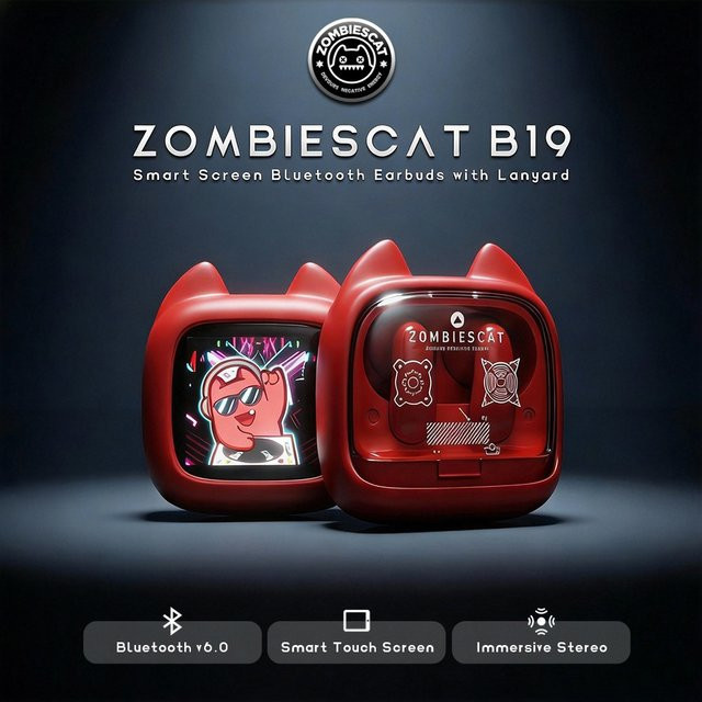 Zombies Cat B19 TWS Bluetooth-Kopfhörer in Beige mit intelligentem Touchscreen, HiFi-Stereoklang, Bluetooth 6.0 und ENC Anrufgeräuschreduzierung inklusive Silikonband - Bild 1
