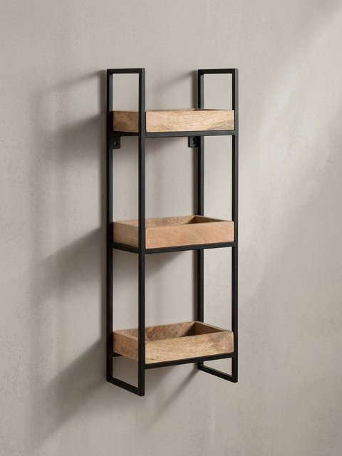 Wandregal KADIMA DESIGN aus Mango Massivholz und Metall im Industrial Stil, Braun, B/H/T: 77 x 27 x 18 cm mit 3 Ablagen - Bild 1