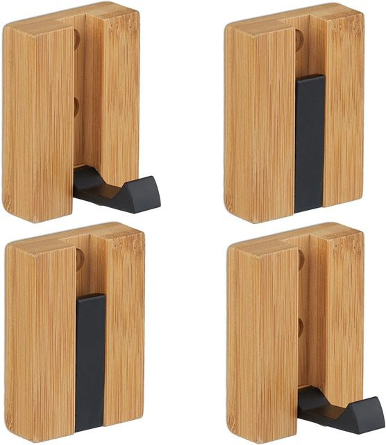Relaxdays Garderobenhaken Set aus Bambus und Aluminium in Schwarz, 4er Pack, klappbar - Bild 1