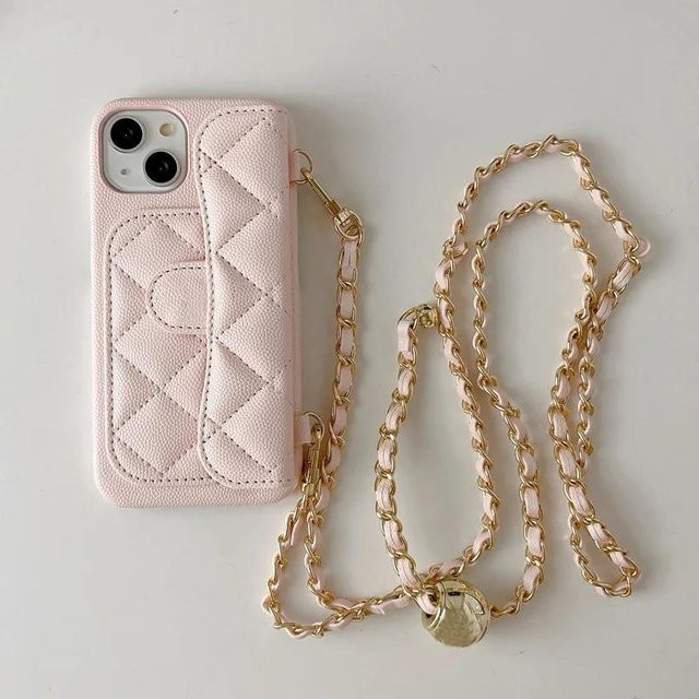 Crossbody Handyhülle aus Leder für Apple iPhone 15 14 13 12 Pro Max 11 mit Kartenhalter und Geldbörse sowie verstellbarem Lanyard in Pink - Bild 1