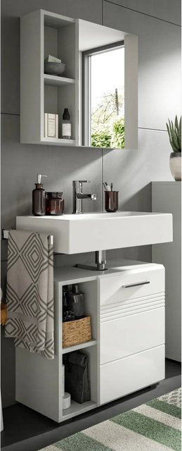 Inn.Furn Badmöbel-Set Carlo 2-teilig in Weiß und Grau Hochglanz mit Spiegelschrank und Waschtischunterschrank inklusive Soft-Close, B/T/H: 60 x 32 x 190 cm - Bild 1