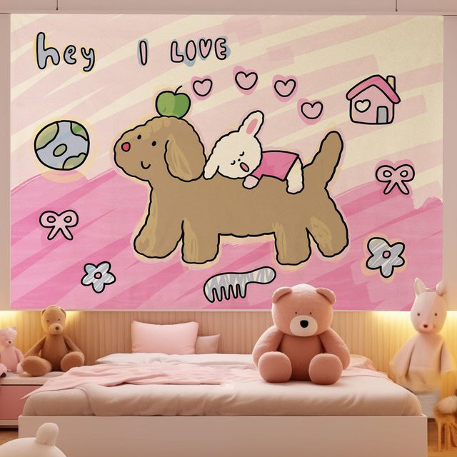 VIKAMA Wandteppich mit niedlicher Hund-Illustration, handbemalter Cartoon-Stoff für Schlafzimmer und Sofa, Mehrfarbig, B/H: 75 x 75 cm - Bild 1