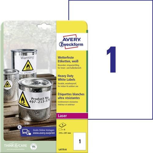 Avery Zweckform L4775-8 Folien-Etiketten aus weißer Polyester-Folie, 8 Stück, permanent haftend für Laserdrucker, Format A4 - Bild 1