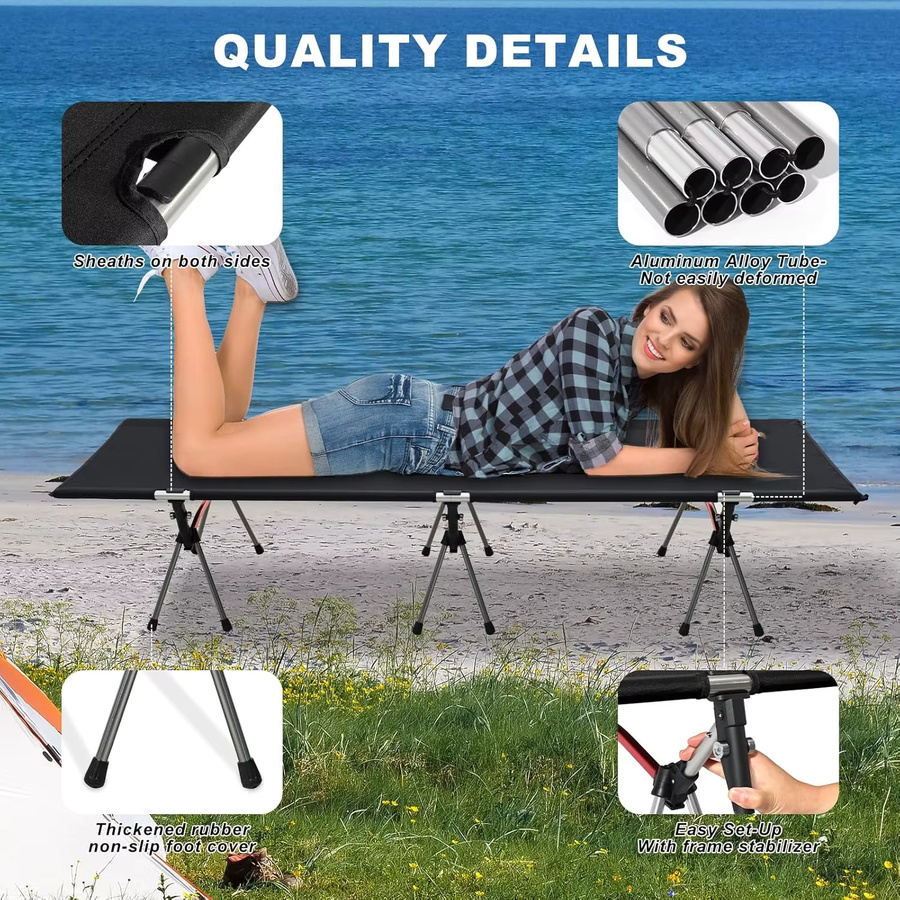 Klappbares Campingbett für Erwachsene von AZULBLANCO in Schwarz mit Metallrahmen und Outdoor-Stoff - Bild 4