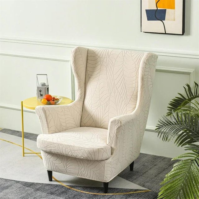 Waschbarer Jacquard Ohrensesselbezug mit Sitzkissenbezügen in Beige im nordischen Design - Bild 1