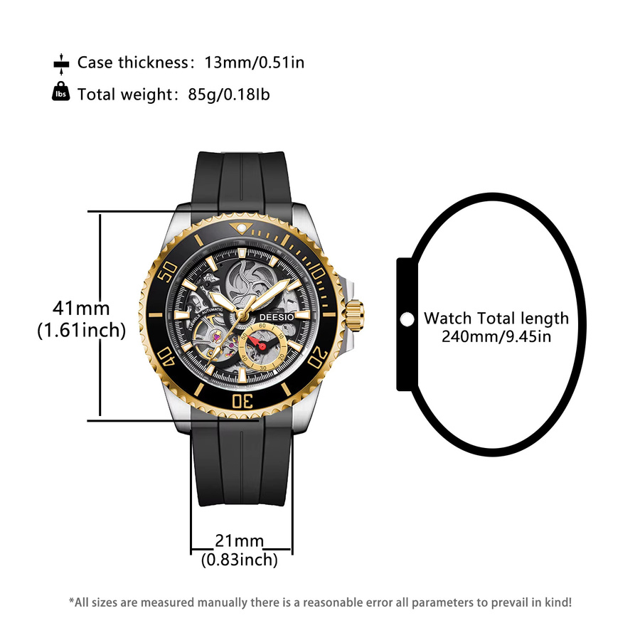 Deesio Armbanduhr Automatik, Edelstahl, 41 mm, Herren, Schwarz - Bild 6