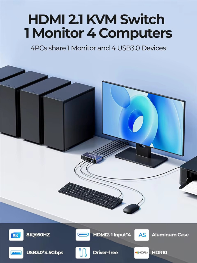 Navceker 4K 240Hz HDMI KVM Switcher mit 4 Ports für 4 PCs, 8K USB Docking Station zum Teilen von Monitor, Maus und Tastatur - Bild 3