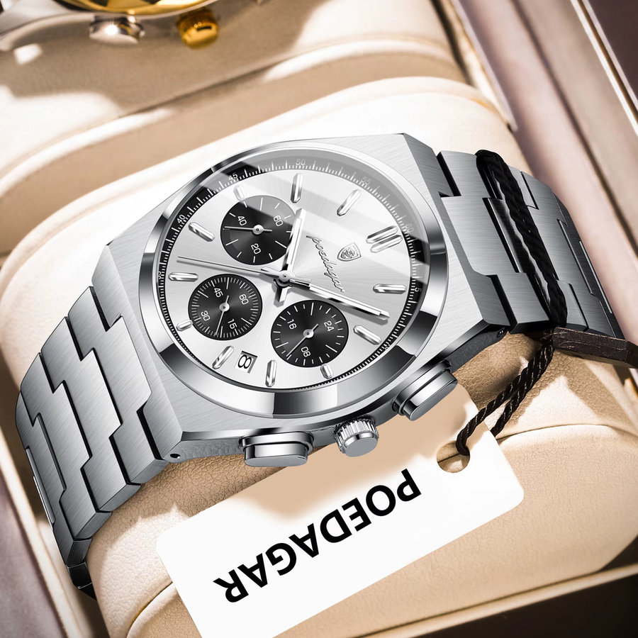 POEDAGAR Chronograph, Edelstahl, Quarz, Silber, Herren - Bild 2