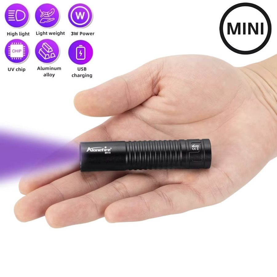 Alonefire UV-Taschenlampe 365nm Schwarz USB wiederaufladbare Mini Ultraviolett-Lampe zur Detektion von Urin, Tinea, Geld, Erz und Skorpionen - Bild 4