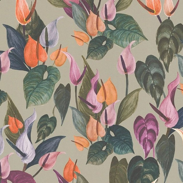 PROFHOME Blumen Tapete Floral Matt in Grau, Grün, Lila und Orange-Rot, Vlies-Tapete, Breite: 0,53 m, Länge: 10,05 m - Bild 1