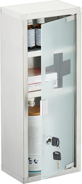 Relaxdays Medizinschrank aus Edelstahl in Silber mit Glastüren und Schloss, Wandmontage, B/T/H: 45 x 18 x 12 cm - Bild 1