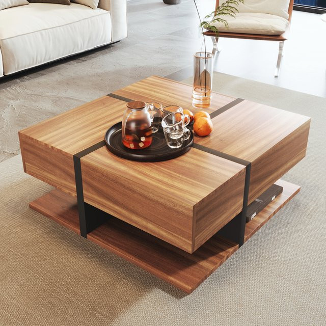Comanlai moderner Couchtisch in Braun mit 4 Schubladen und zwei Stauraumstufen, B/T/H: 78 x 78 x 36 cm - Bild 1