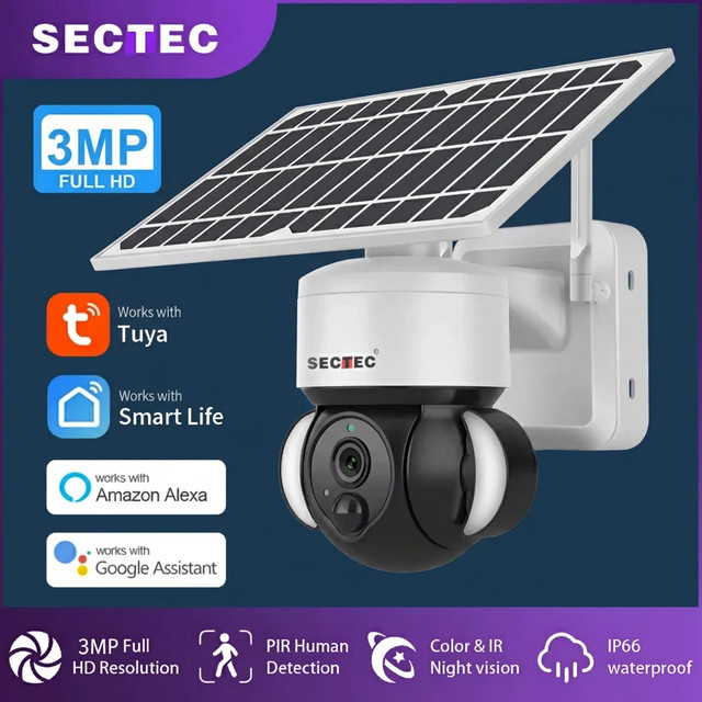 SECTEC Tuya WLAN-Überwachungskamera für Außenbereich mit Solarpanel und Akku, 3MP PTZ-Kamera mit PIR-Erkennung und Farbnachtsicht, IP66, Weiß - Bild 1