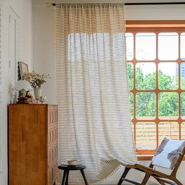 Tiyana Karierte Vorhänge mit Quaste in Beige, Blickdichter Sichtschutz für Wohnzimmer und Schlafzimmer, Breite: 150 cm, Höhe: 160 cm - Bild 1