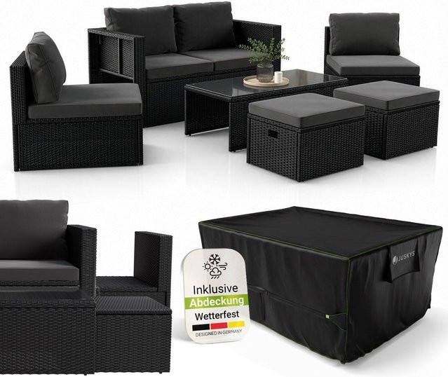 Juskys Polyrattan Gartenmöbel Set Salou Outdoor Lounge für 6 Personen inklusive Abdeckung und Kaffeetisch, wetterfest, Schwarz - Bild 1