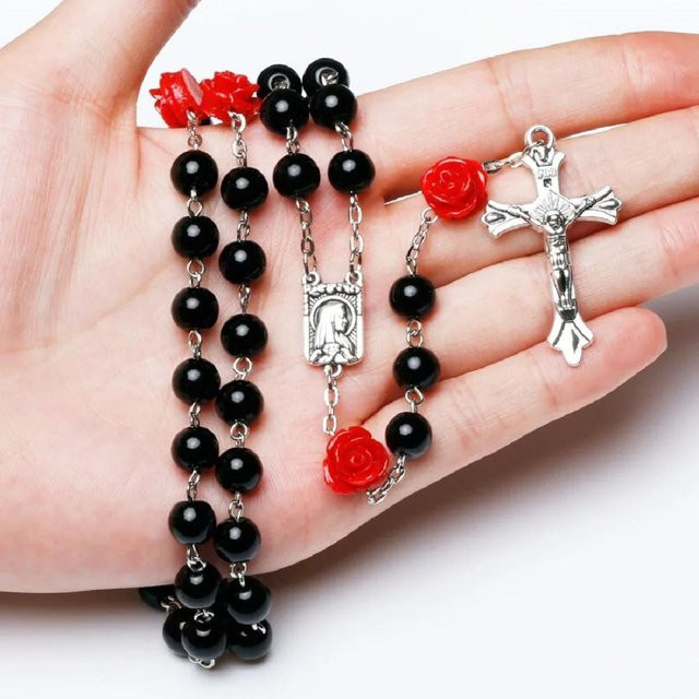 YIRAN Rosenkranz Halskette, Glas, Rot, Kruzifix Kreuz Anhänger, Damen - Bild 1