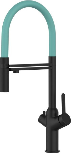 VIZIO Küchenarmatur mit 4-Wege-Wasserhahn, 360 Grad schwenkbarer Auslauf und abnehmbarer 2-Strahl Handbrause, Schwarz Matt und Türkis - Bild 1
