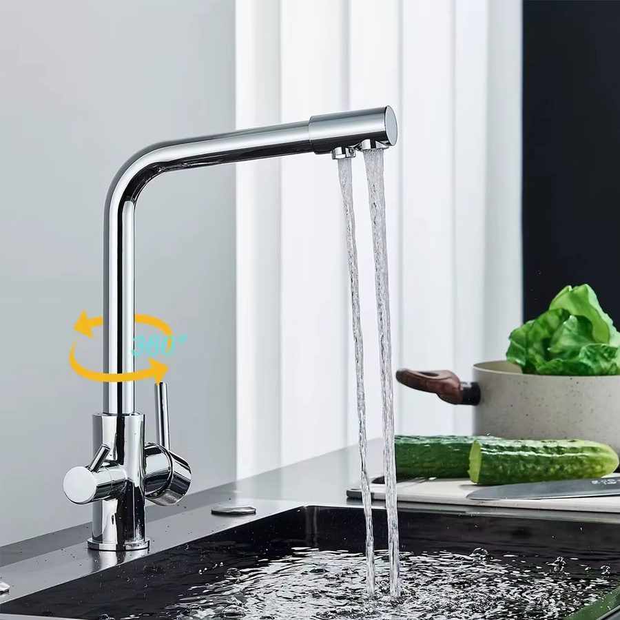 MYQualife Küchenarmatur aus Messing mit 3-Wege-Filter als Zweigriffmischer für heißes und kaltes Trinkwasser in gebürstetem Nickel - Bild 2