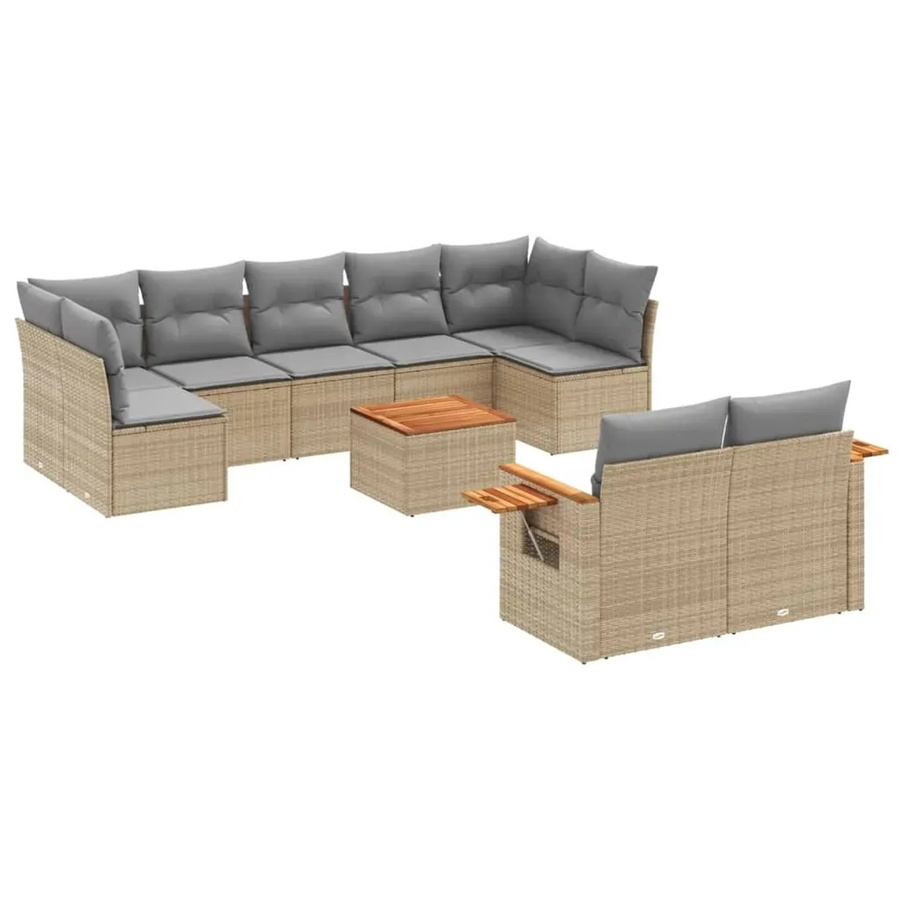 vidaXL 10-tlg. Garten-Sofagarnitur aus Polyrattan und Akazienholz in Beige mit UV-beständigen Kissen - Bild 2