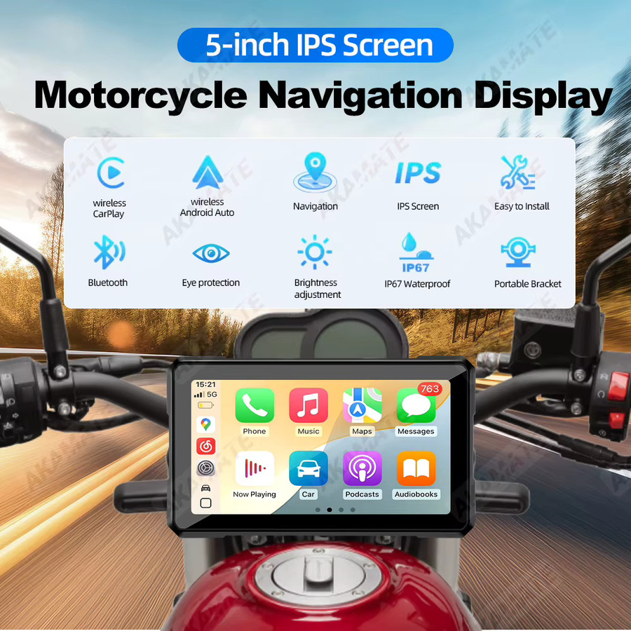 AKAMATE Tragbarer 5 Zoll Motorrad CarPlay und Android Auto Monitor, Wasserdichtes Bluetooth Dashboard Display in Schwarz - Bild 2