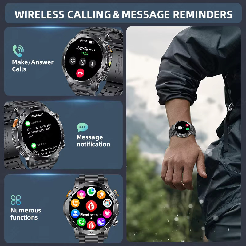 LIGE T-REX3 Smartwatch für Männer in Schwarz mit GPS, Bluetooth-Anruffunktion, starker Taschenlampe und 10ATM Wasserdichtigkeit sowie 1000 mAh Akku - Bild 3