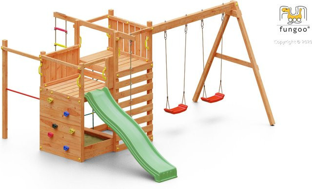 Fungoo Spielturm Climbing Star 3 in Teak mit Rutsche, Doppelschaukel, Kletterwand, Strickleiter und Kletternetz - Bild 1