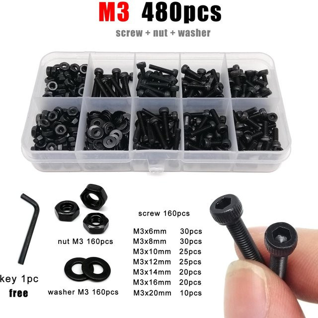 SCREWHOME Sortiment Kit mit Innensechskantschrauben, Muttern und Unterlegscheiben aus Stahl in Schwarz, Güteklasse 12,9, DIN912 - Bild 1