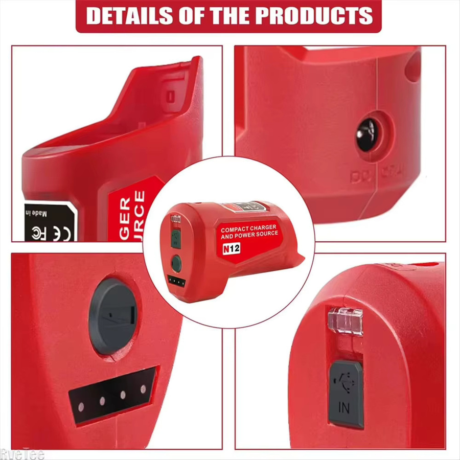 Milwaukee N12 Batterie-Stromquelle Adapter für M12 Akkus mit 12V DC-Anschluss und USB-C in Rot - Bild 3