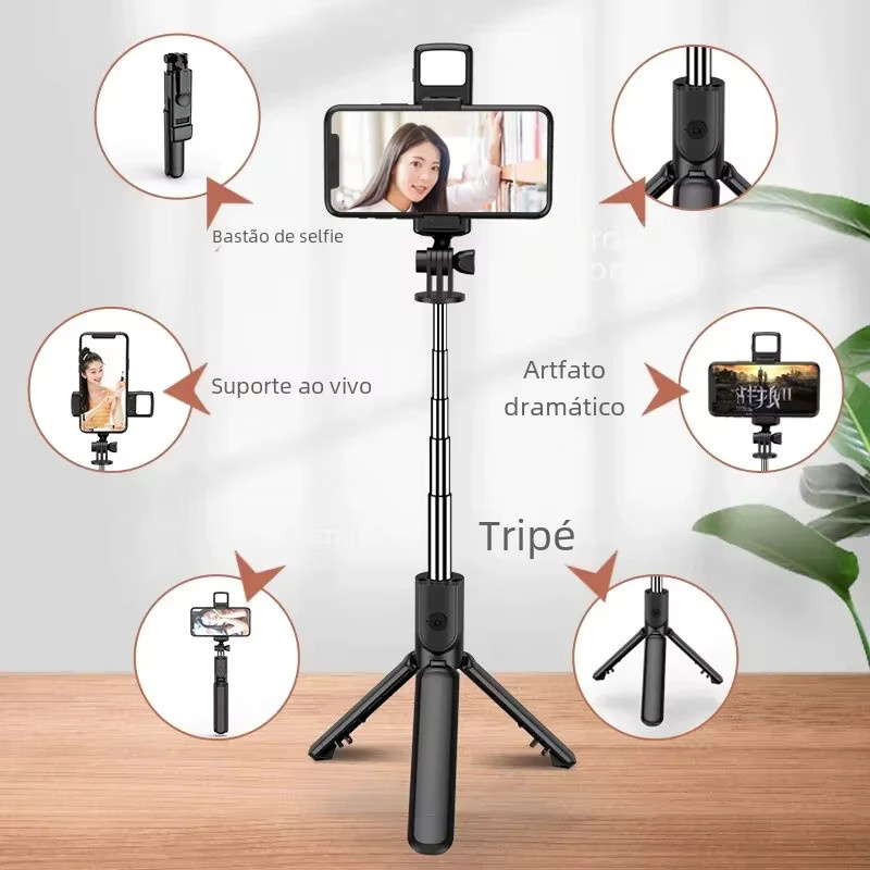 FANGTUOSI Handy-Selfie-Stick Stativ mit Bluetooth Fernbedienung, Handyhalter und Beauty-LED-Beleuchtung in Schwarz - Bild 2