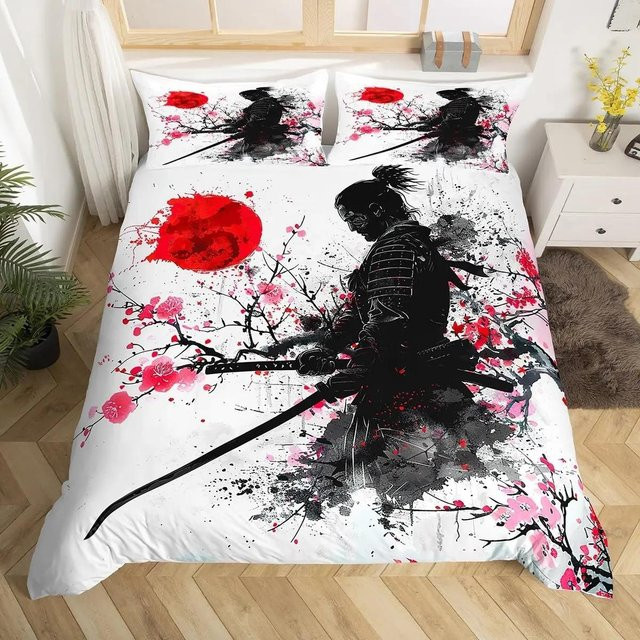 Japanisches Samurai Bettwäscheset mit Kirschblüten, Roter Sonne und Fuji Berg, Doppelgröße, Farbe: Rot/Weiß, B/H: 140 x 210 cm - Bild 1