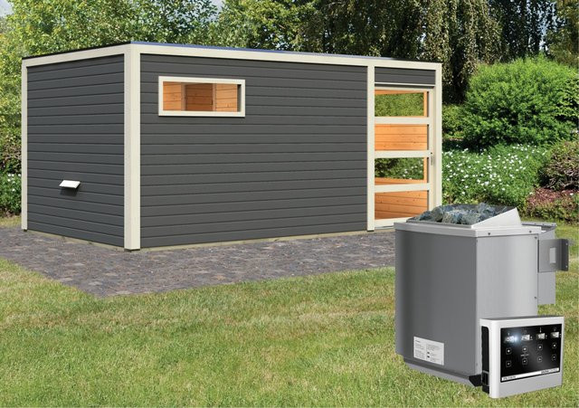 Karibu Saunahaus Kjeld mit Bio-Ofen 9 kW und externer Steuerung in Terragrau - Bild 1