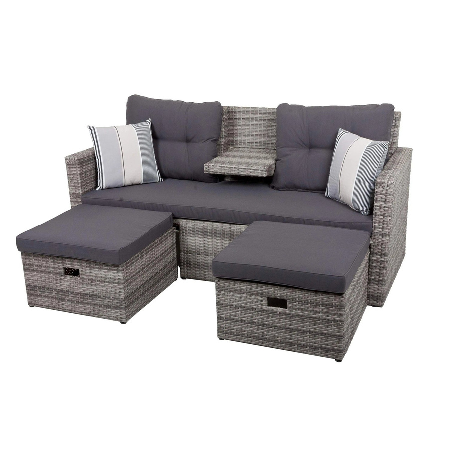 DELUKE Gartenloungeset YANNIK in Hellgrau mit Sofa und Fußhocker aus Aluminium und Kunststoffgeflecht - Bild 2