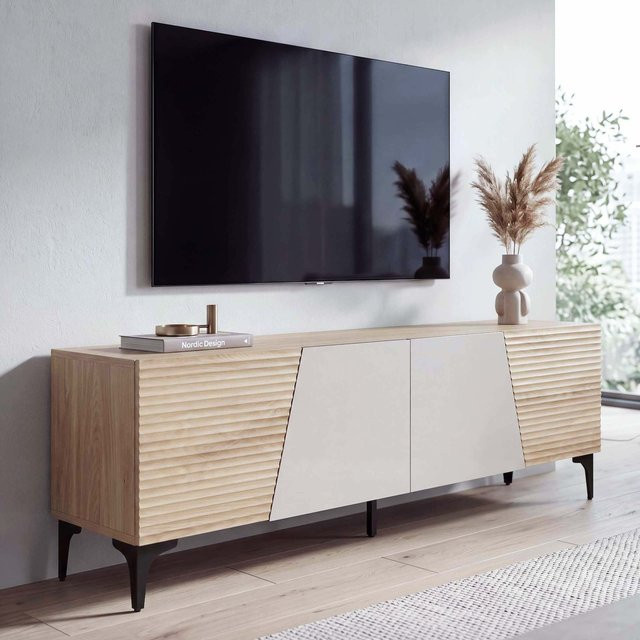 MCW TV-Rack MCW-Q83 Lowboard in Beige mit 3D-Struktur und Staufächern, B/T/H: 160 x 42 x 55 cm - Bild 1