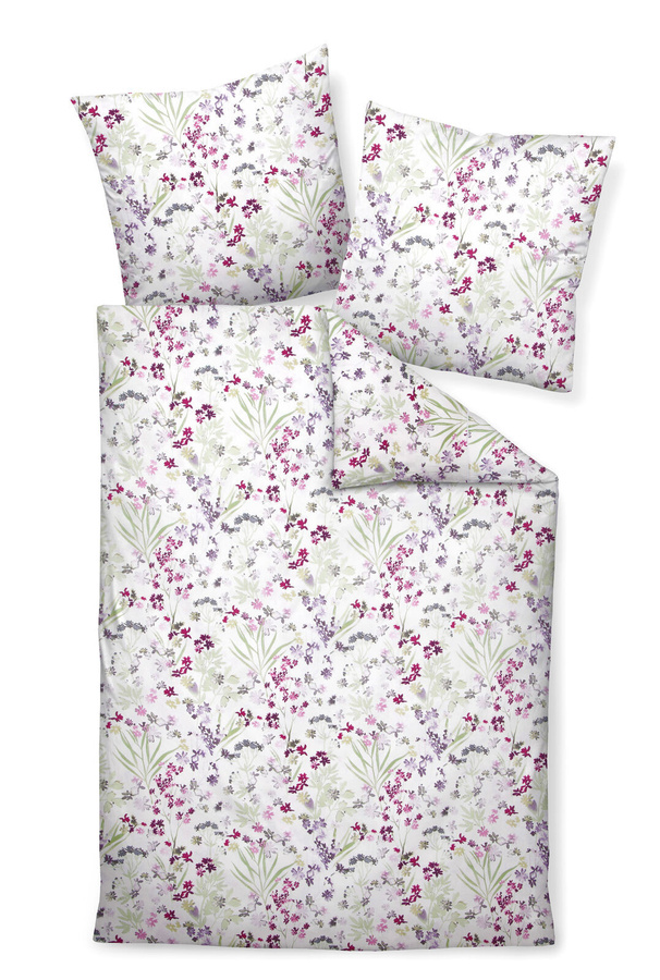 Janine Moments Mako-Satin Bettwäsche mit Streublümchen in Rosa und Lila, Set bestehend aus Bettbezug und Kissenbezug, Breite: 155 cm, Höhe: 220 cm, Kissen: 80 x 80 cm - Bild 1