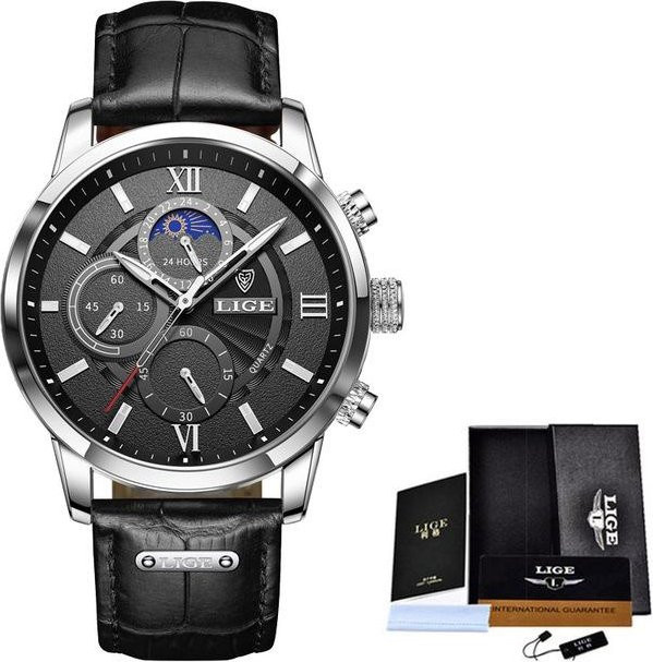LIGE Chronograph, Quarz, Edelstahl, Leder, Mondphase, Herren, schwarz/silber - Bild 1