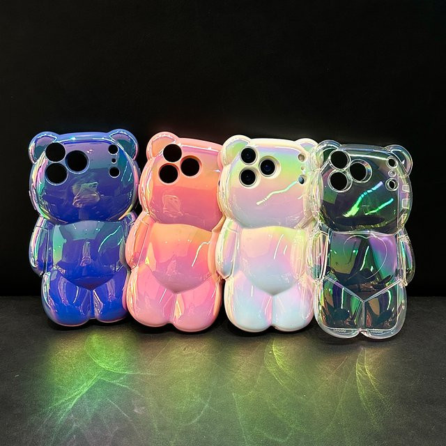 Stoßfeste Handyhülle mit buntem 3D-Bären-Design und Farbverlauf für Apple iPhone 12 bis 17 Pro Max, transparent und pink - Bild 1