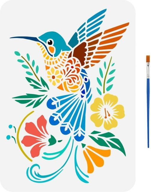 Wiederverwendbare Kolibri-Malschablone mit Pinsel, florales Design in Multicolour, Kunststoff, B: 20,3 cm, H: 29,7 cm - Bild 1