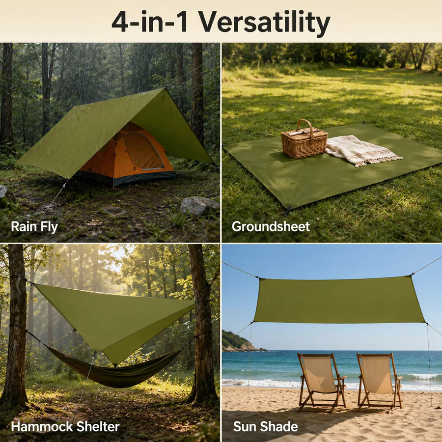 Wasserdichte Outdoor-Plane in Grün aus 180T Polyester mit PA-Beschichtung für Camping und Sonnenschutz, B/T/H: 300 x 285 cm, inklusive 6 Heringe und 6 Seile - Bild 4