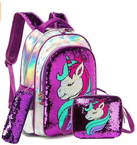 Weishengda Grundschulranzen Set für Mädchen in Lila mit Pailletten, 3-teiliges Schulranzen-Set bestehend aus Schulrucksack, Brotdose und Federmäppchen - Bild 1