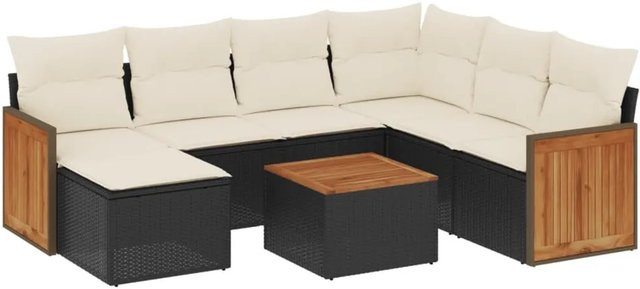 vidaXL 8-tlg. Garten-Sofagarnitur in L-Form aus Polyrattan mit Kissen in Schwarz und Cremeweiß - Bild 1