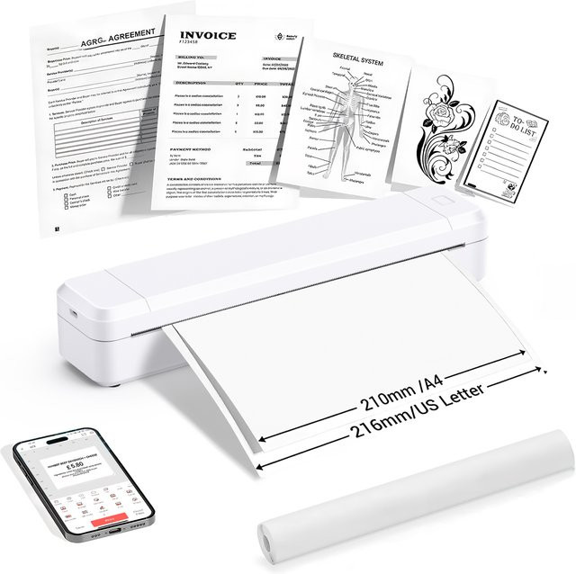 Marklife X8 Kabelloser Tragbarer Thermodrucker in Weiß, Tintenlos, Unterstützt A4 und iOS für Reisen, Zuhause und Büro - Bild 1