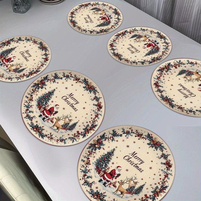 VIKAMA 6er Set Weihnachts Tischsets mit Rentier, Holly Blättern und roten Beeren, rund, mehrfarbig - Bild 1